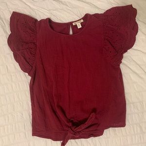 Francesca’s Ruffle Eyelet Detail Magenta Front Tie Blouse Size Small